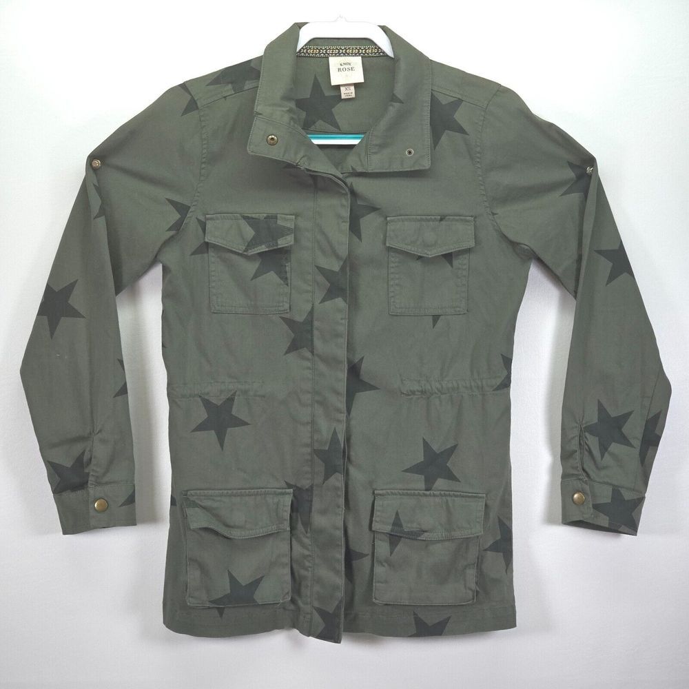 Knox Rose Utility Military Jacket Womens XS Olive Green Stars Streetwear Shacket